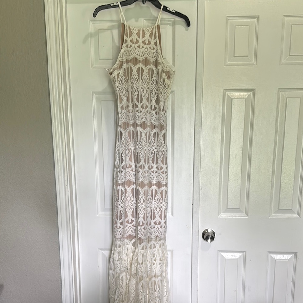 love, Fire Cream Lace Maxi Dress